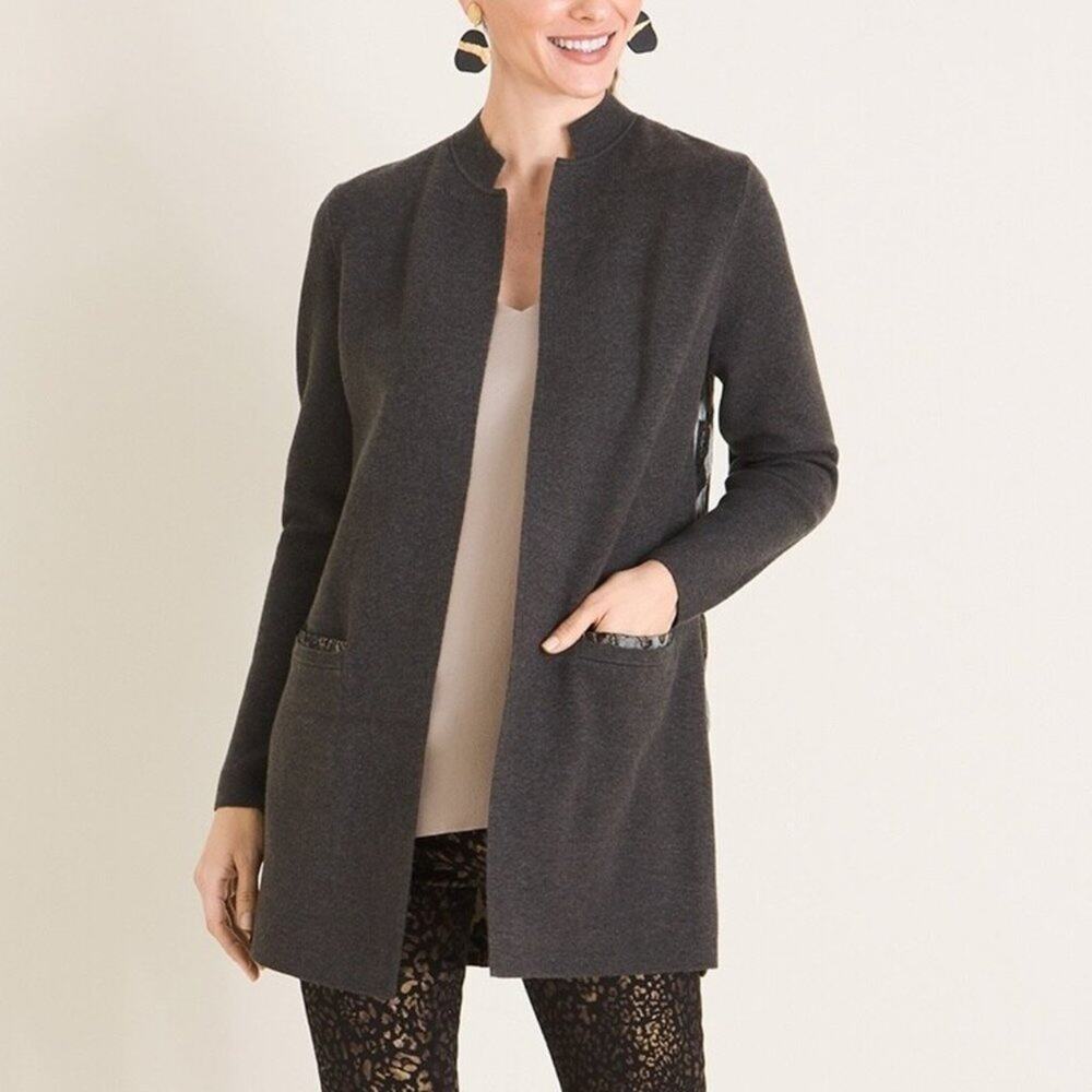 Chico's Animal Detail Woven Back Cardigan Sweater Grey Size Large